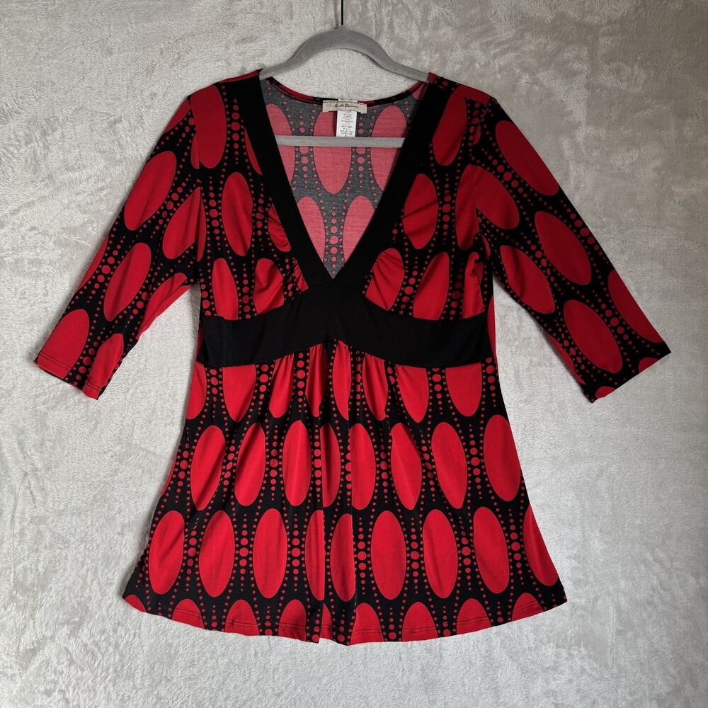 Y2K Vintage Babydoll Top XL Empire Waist Womens Red Black 3/4 Sleeve Geometric